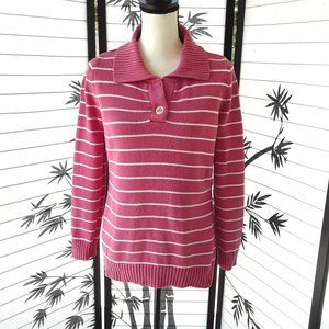 Liz Claiborne Pink White Striped Ribbed Knit Collared Sweater Size M